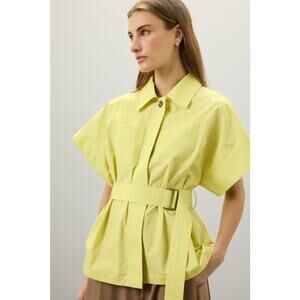 EUDON CHOI Women's Green Neon Belted Short Sleeve Collared Blouse Top Size 2